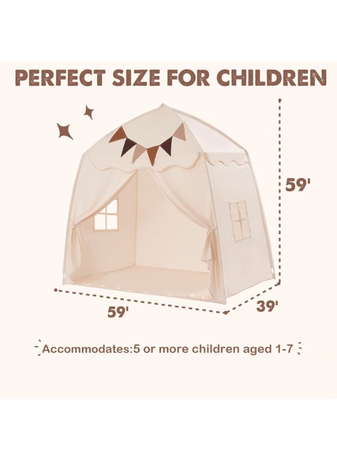 Extra Large Kids Play Tent with Flags & Star Lights - Portable Foldable Teepee Playhouse for Boys Girls Indoor Outdoor 150×100×150cm（Cream） - Image 4